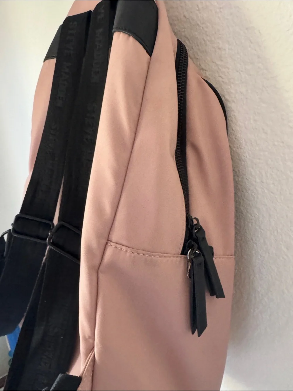 Steve Madden Blush Pink Quilted Front Backpack with Black Trim
